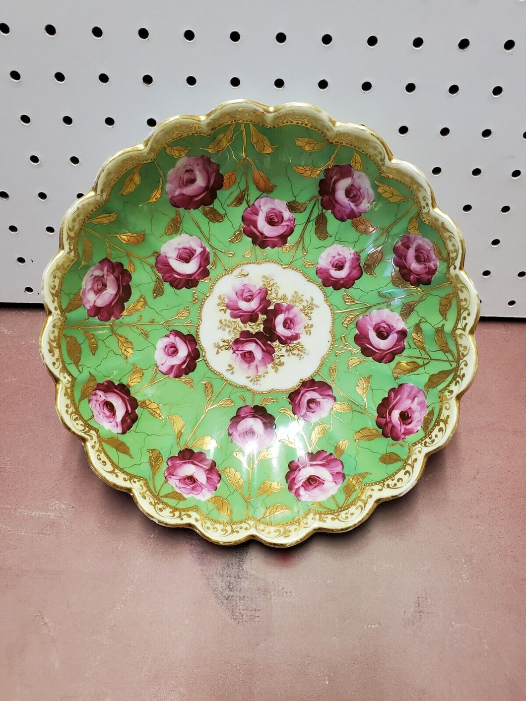 Antique Victorian Green Hand Painted Scalloped Bowl Pink Roses Gold Trim