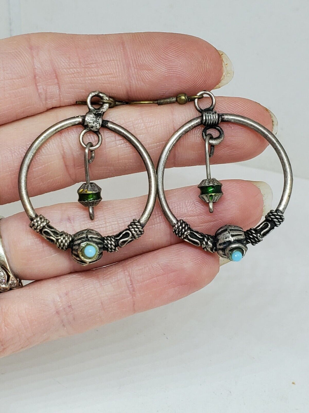 Vintage Sterling Silver Navajo Turquoise Swirl Design Hoop Dangle Earrings