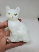 Vintage Fenton White Iridescent Opalescent Hand Painted Cat Figurine P Fleak