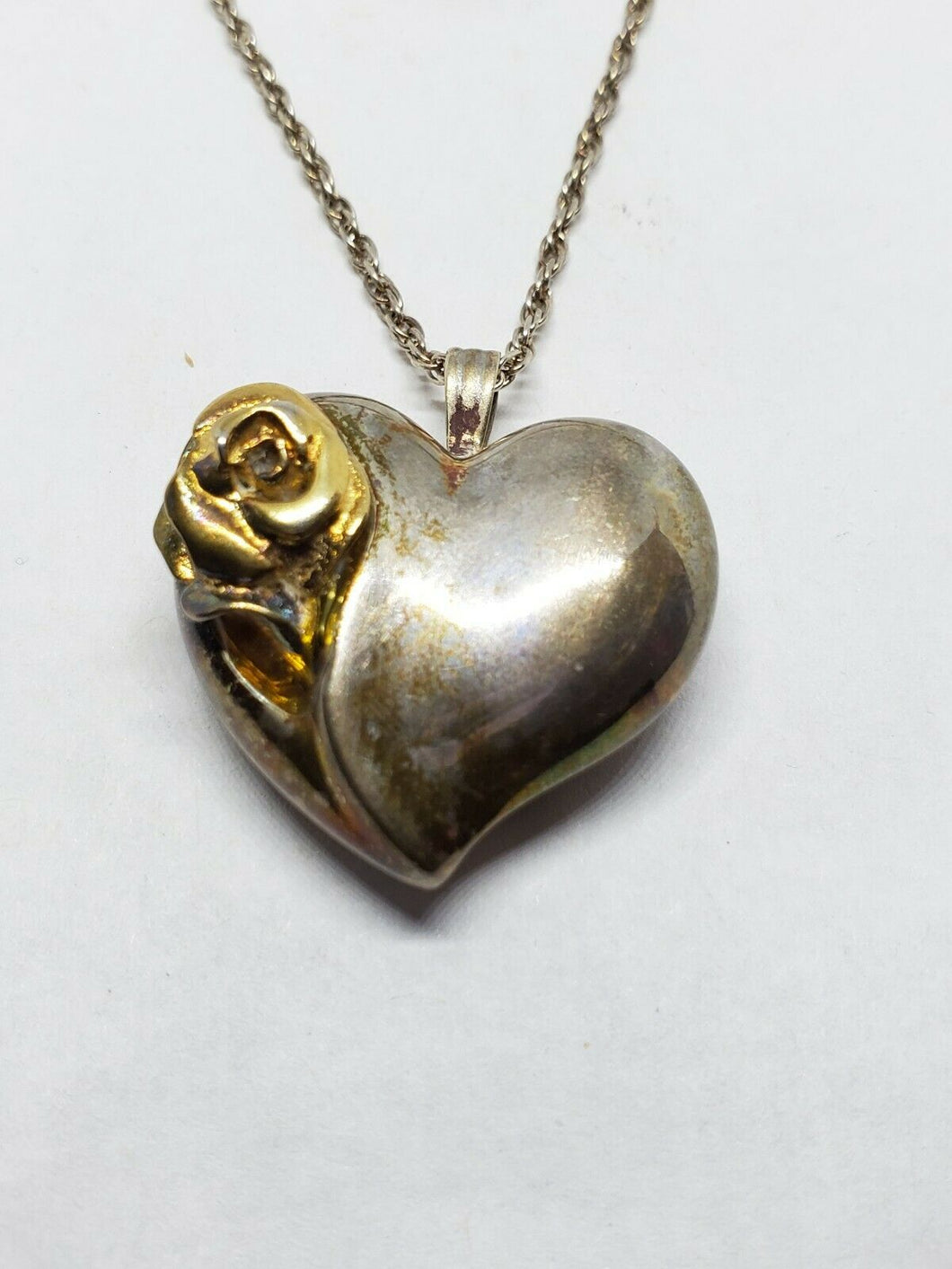 Vintage Gorham Sterling Silver Gold Plated Rose Puffy Heart Necklace Heavy 30