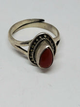 Handmade Sterling Silver Red Coral Teardrop Adjustable Ring Size 8
