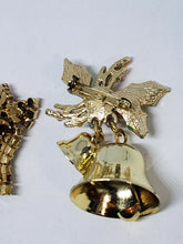 Pair of Vintage Goldtone Christmas Brooches Rhinestone Bell Mistletoe with Bells