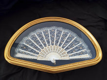 Antique French White Lace Hand Fan Framed In Blue Back Shadowbox 21.75 X 14.125