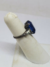 Vintage Sterling Silver Blue Emerald Cut Rhinestone Clear Baguette Ring Size 4