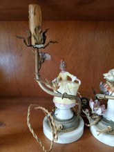 Antique French Porcelain Figural Man and Woman Brass Candle Votive Boudoir Lamps