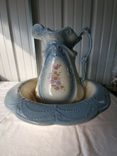 Antique 1840 Germany Ironstone Blue Floral Wash Basin And Pitcher