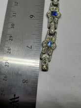 Vintage Art Deco Floral Blue & Clear Paste Rhinestone Pot Metal Bracelet 7.5"