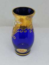 Antique Holub Maskl Bohemian Gold Plated Embossed Cobalt Flower Mini Vase