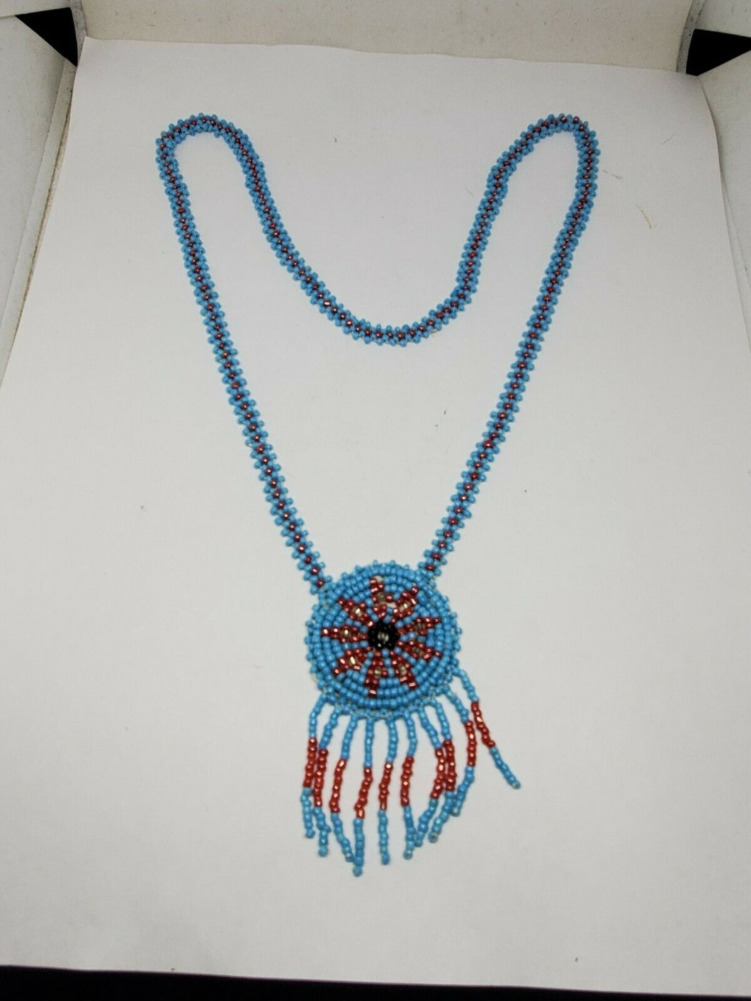 Vintage Native American Southwest Seed Bead Woven Beaded Medallion Necklace