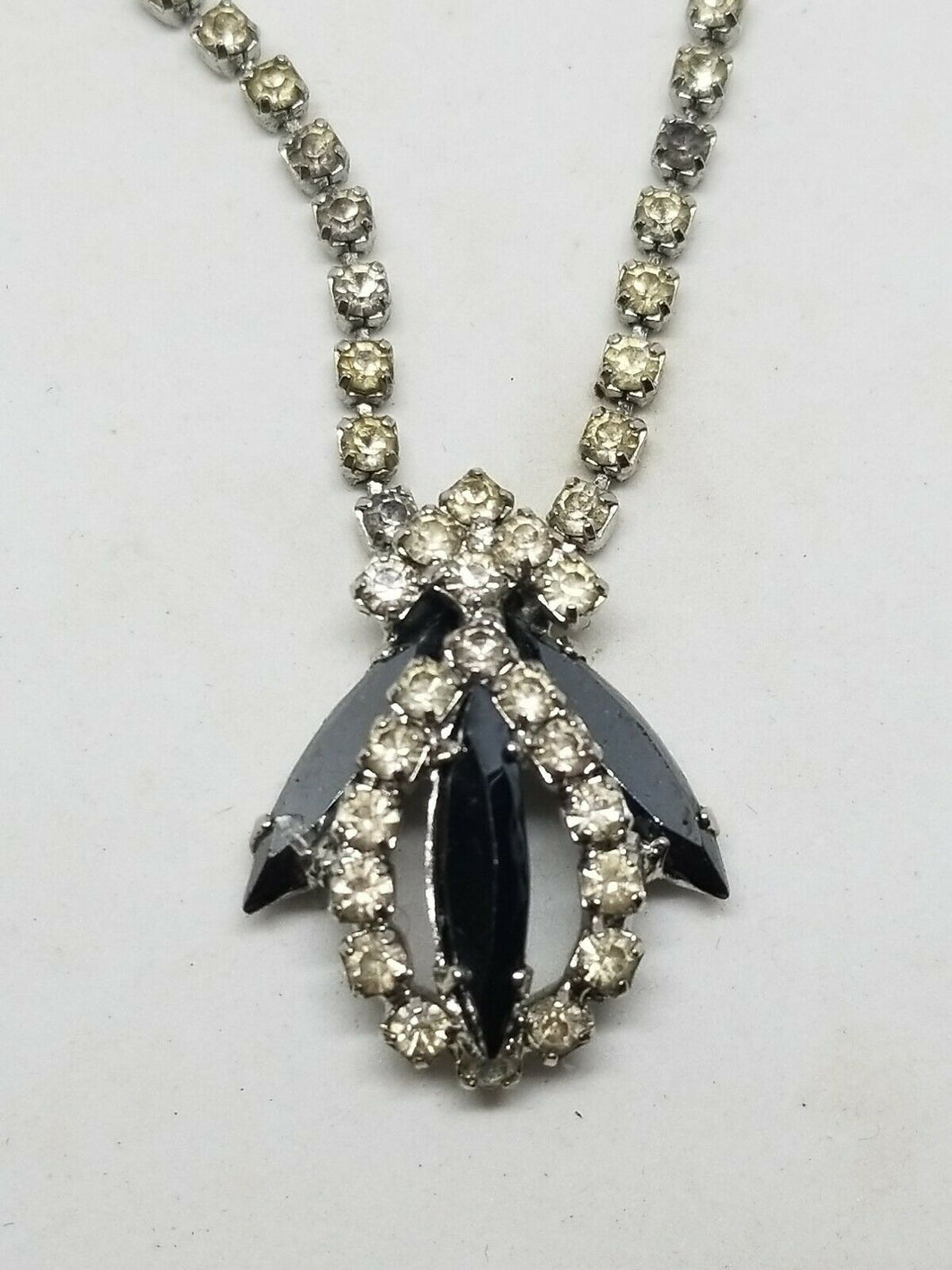 Vintage Silver Tone Clear And Black Rhinestone Navette Necklace