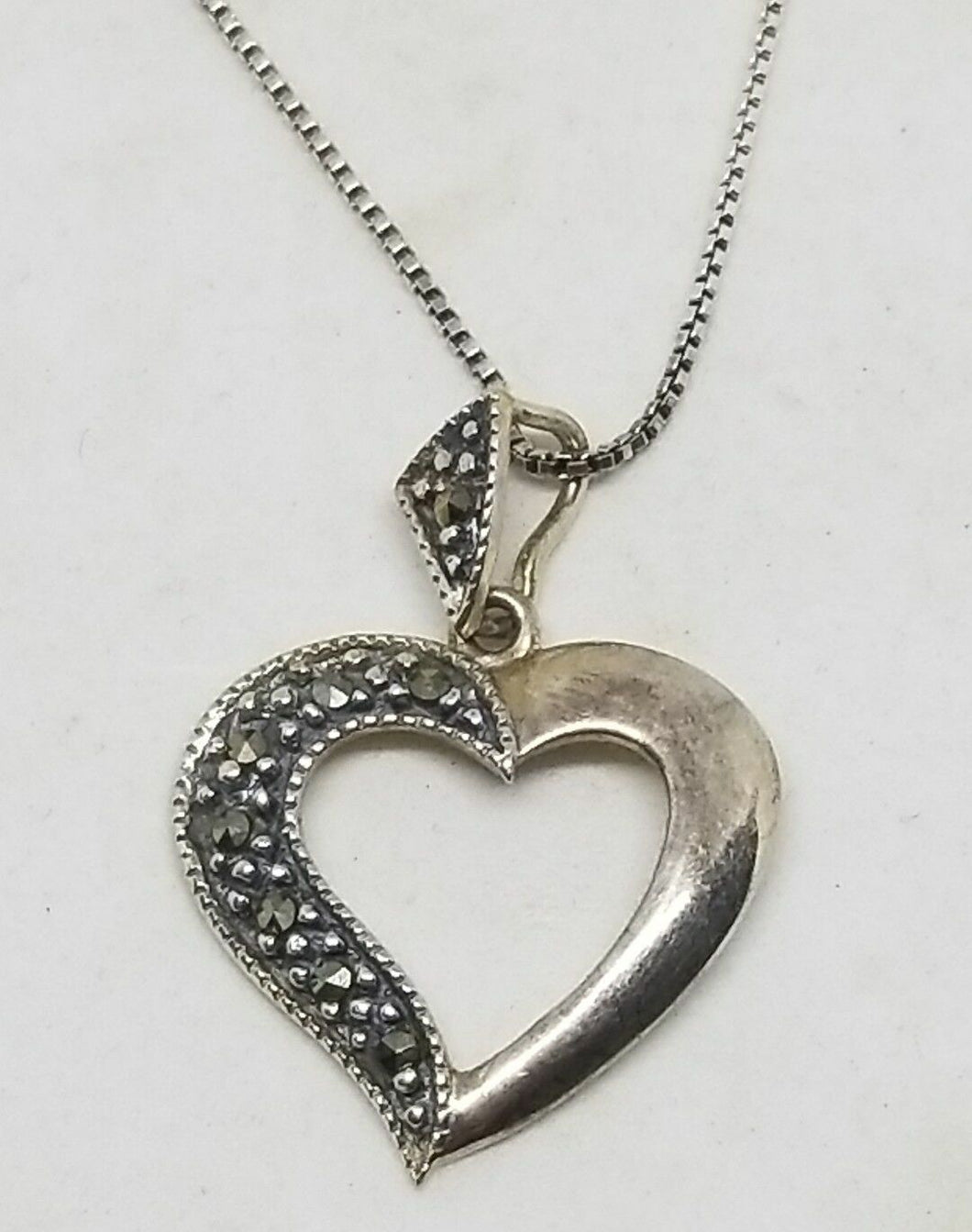 Sterling Silver Half Marcasite Open Heart Necklace