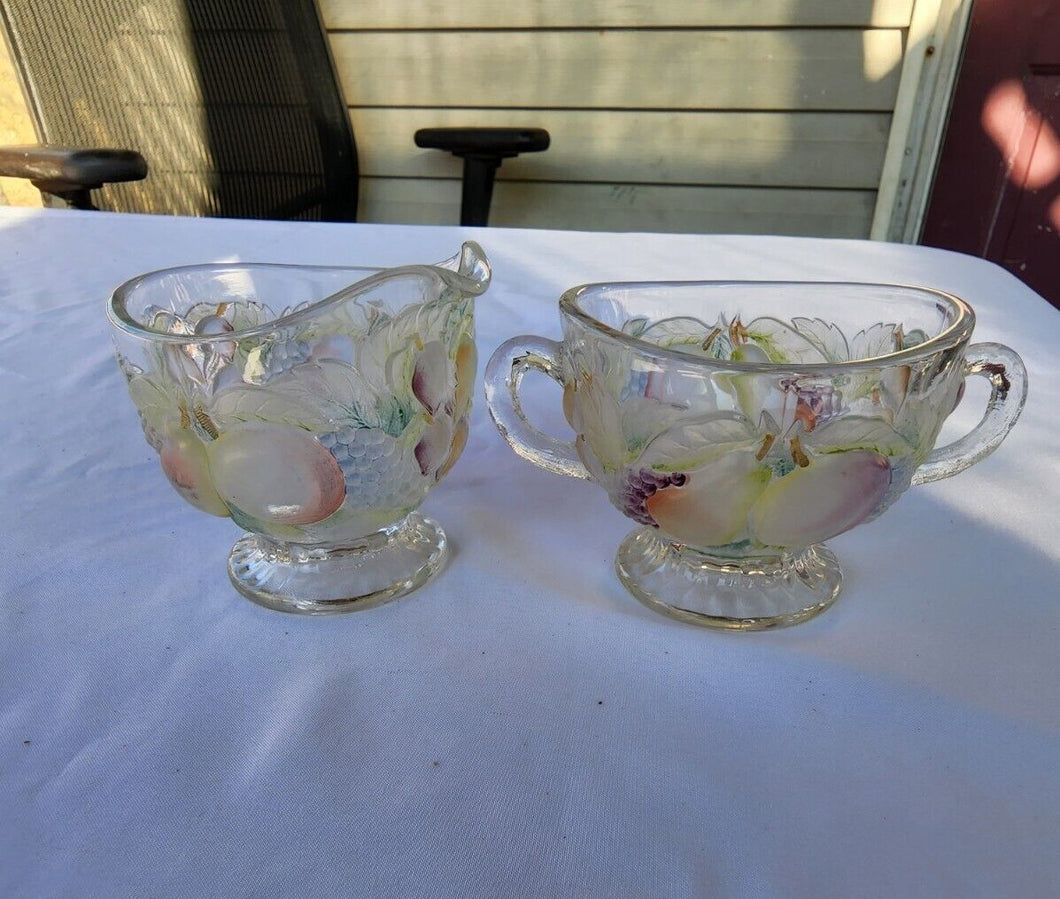 Vintage Cut Glass Hand Painted Colorful 3D Raised Fruit Creamer And Sugar Bowl