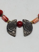 Vintage Handmade Sterling Silver Red Coral Half Circle Swirl Beaded Necklace