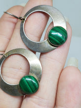 Vintage Modernist Sterling Silver Malachite Cabochon Round Dangle Earrings