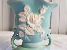 Vintage Weller Pottery Blue Cameo Vase White Floral Design