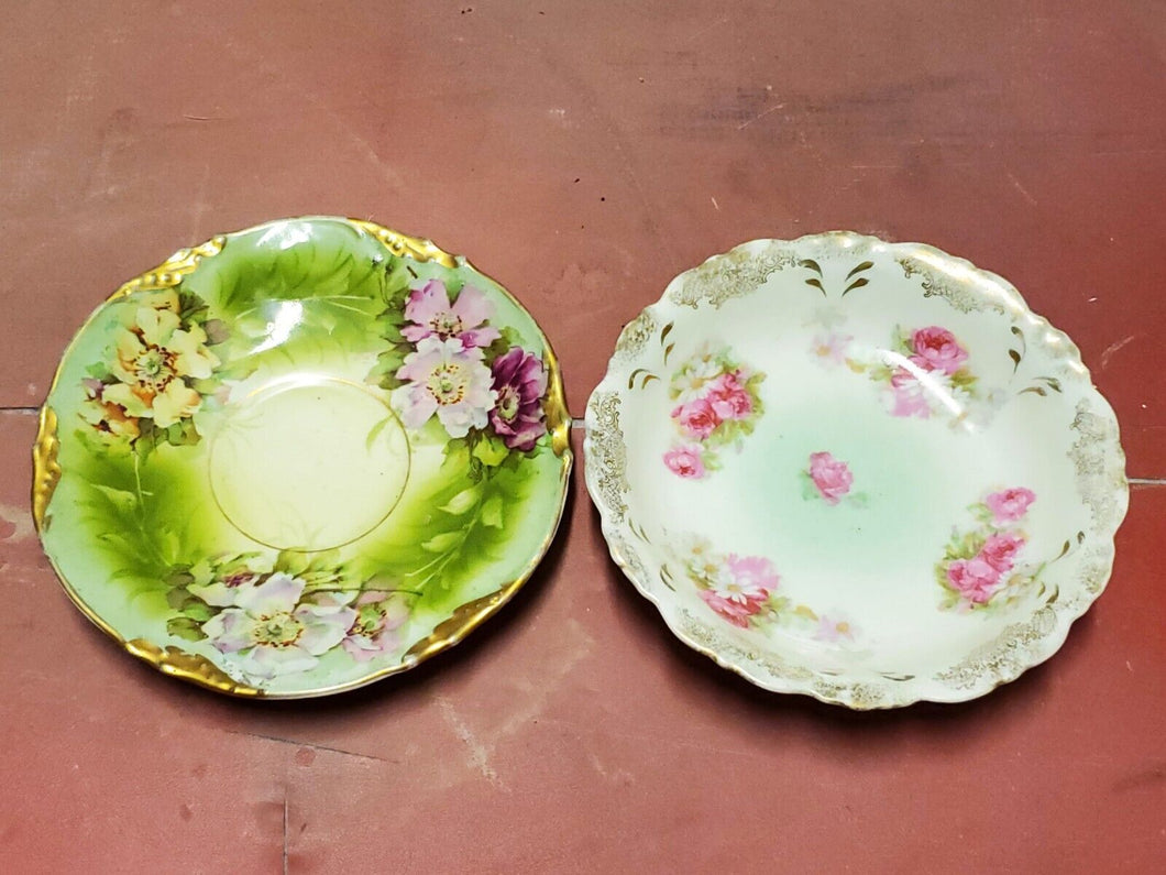 Elbogen China Hand Painted Roses Daisies Bowl/Green Floral Gold Trim Saucer