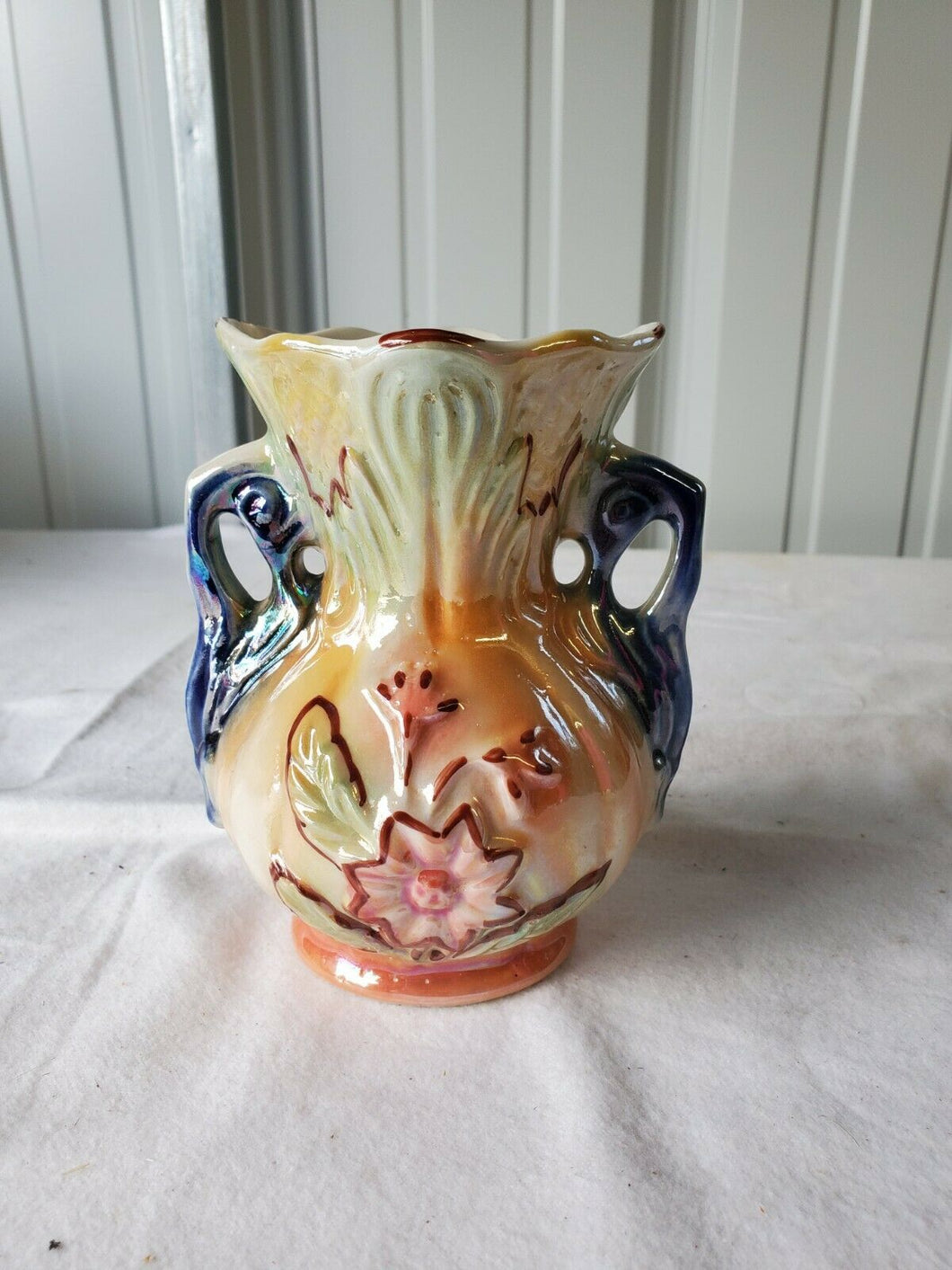 Vintage Iridescent Lusterware Raised Flowers Vase Made In Brazil