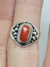 Sterling Silver Handmade Oval Red Coral Twist Wire And Ball Bead Adjustable Ring