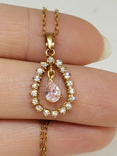 Gold Plated Sterling Silver Pink Crystal Drop Halo Pendant Necklace
