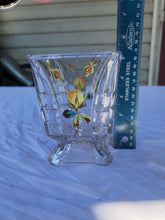 Vtg Clear Pressed Glass Compote Footed Pedestal Candy Dish Hand Painted Appliqué