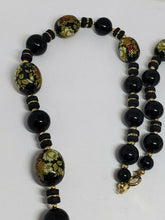 Vintage Japanese Floral Cloisonne Enamel Black Bead Gold Gilt Necklace 30"