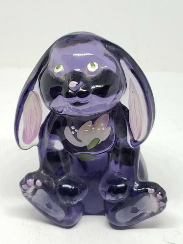 Vintage SIGNED Fenton Purple Glass Handpainted Floral Rabbit Figurine 3.5