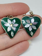 Vintage Alpaca Silver Flower Mother Of Pearl & Green Enamel Inlay Heart Earrings