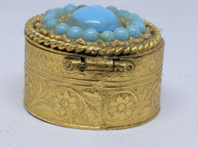 Vintage Gold Tone Faux Turquoise Filigree Floral Pill Box