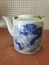Vintage Chinese Dragon And Koi Fish Blue And White Teapot Bamboo Handle