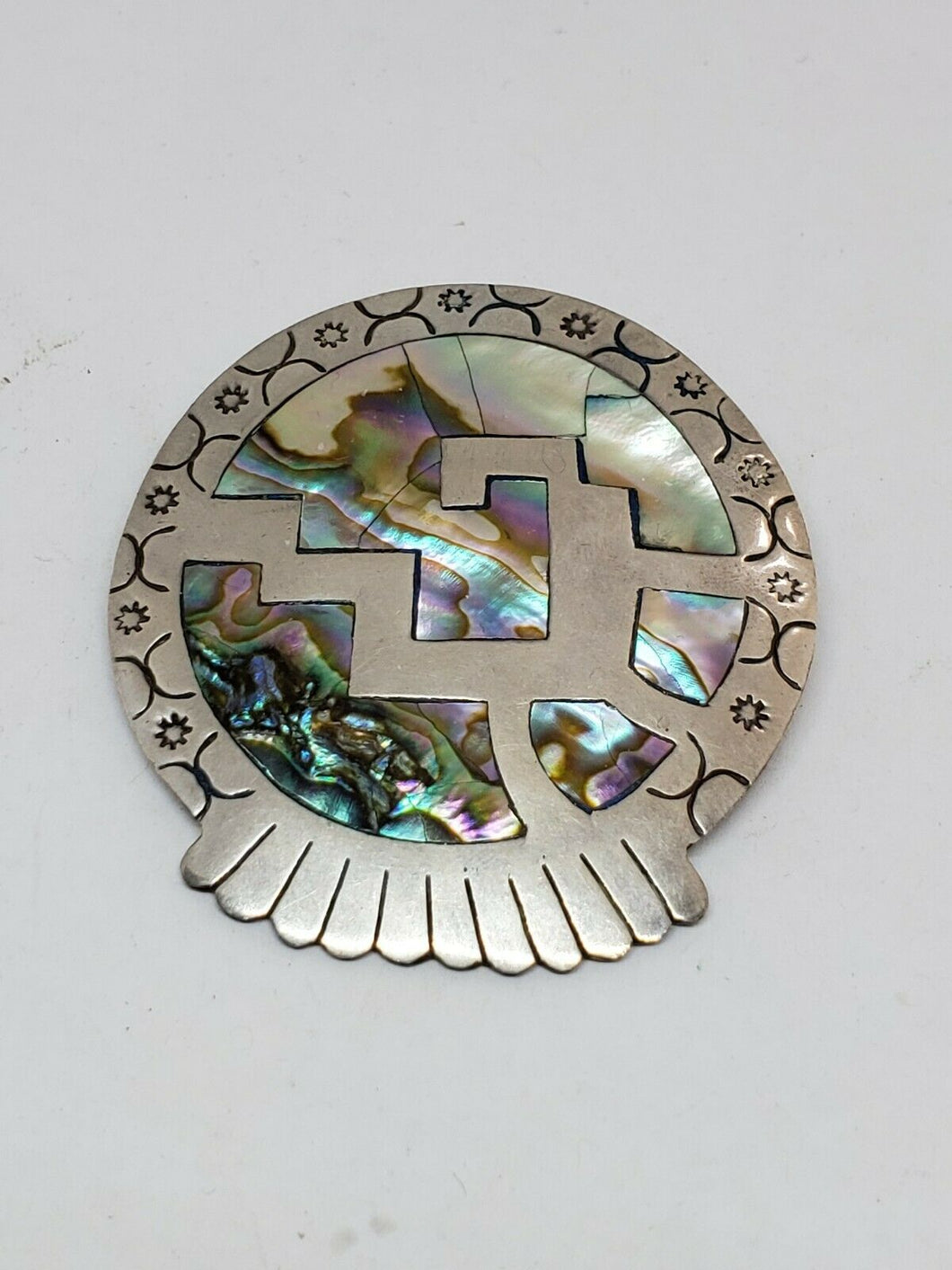 Vintage Taxco Mexico Sterling Silver Abalone Star Stamped Inlay Brooch Pendant