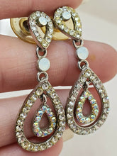 Silver Tone Opalite Clear And AB Rhinestone Teardrop Pierced Earrings
