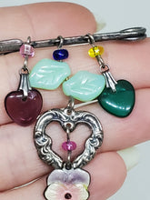 Vintage Sterling Silver Hearts, Enamel Flower, Opalite Beaded Safety Pin Brooch