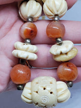 Vintage Carved Bovine Bone And Carnelian Chunky Bead Necklace 26.75"