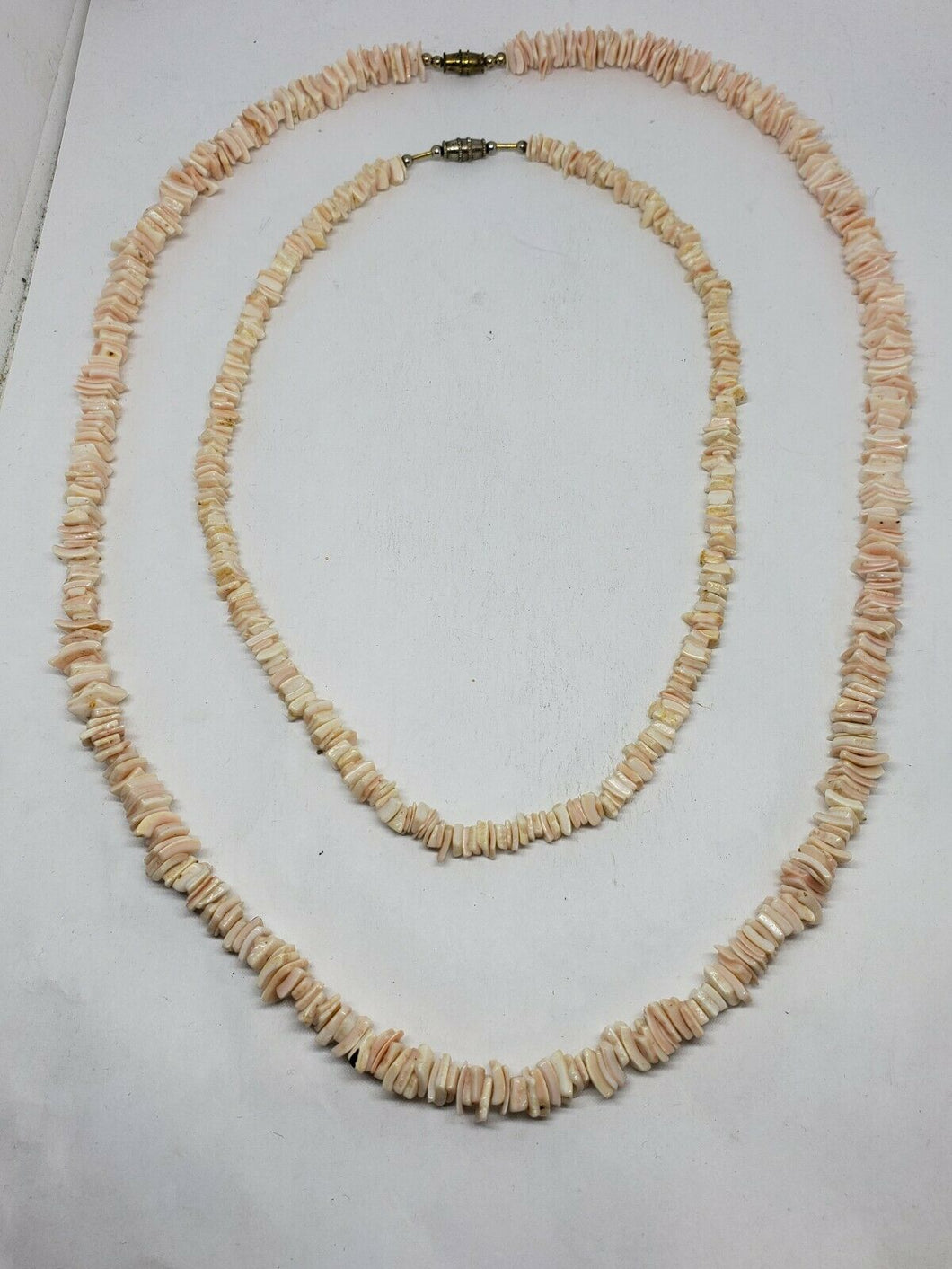 Vintage Pair 70's Heshi Shell Square Bead Pink And Cream Necklaces 16