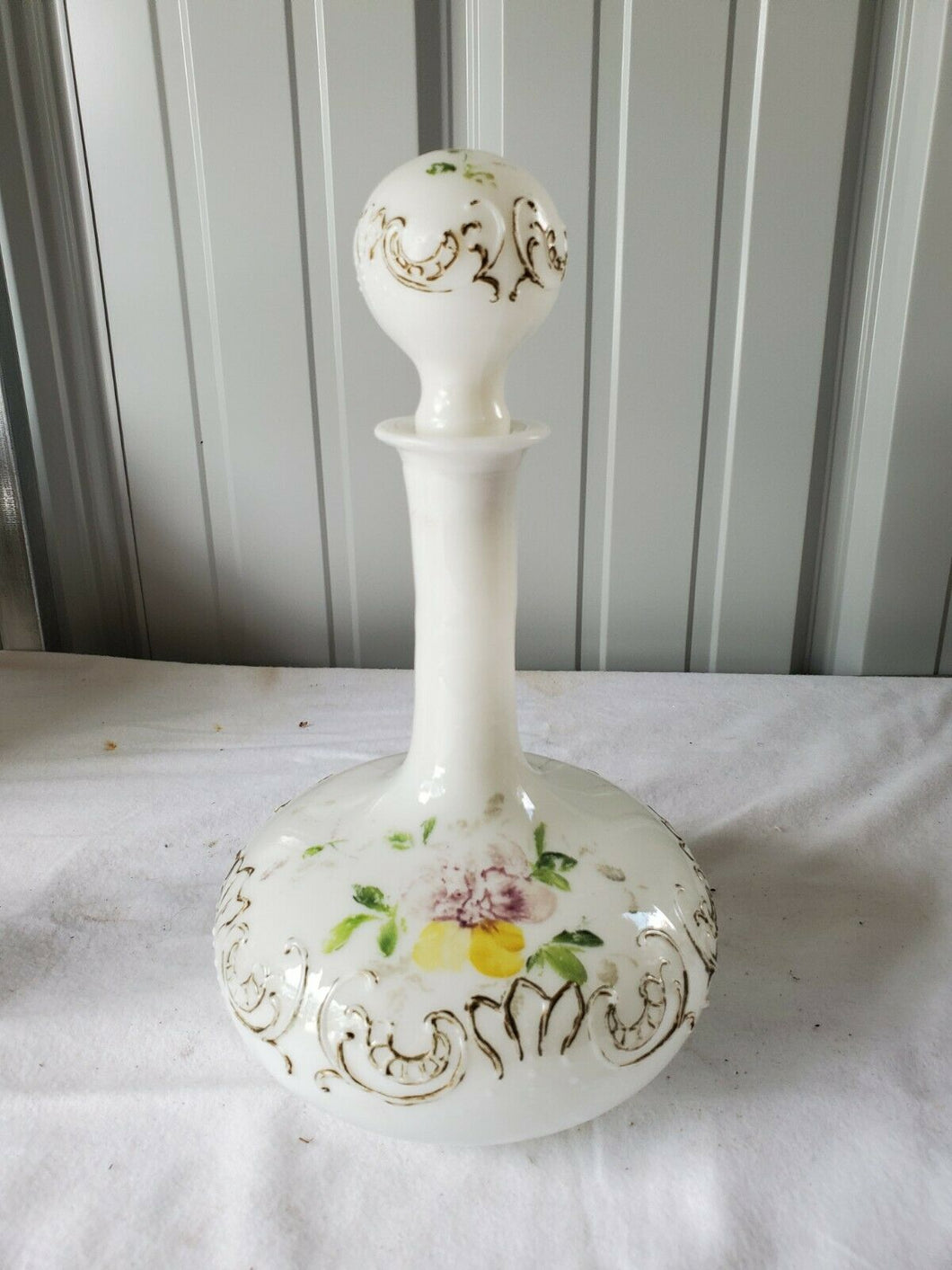 Antique Victorian White Milk Glass Vanity Perfume Bottle Hand Painted Flowers #2