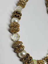 Vintage Gold Tone Filigree Ball AB Rhinestone Faux Pearl Necklace Adjustable