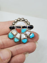 Vintage EMZ Zuni Sterling Silver Sunface Inlay Brooch Turquoise MOP Onyx