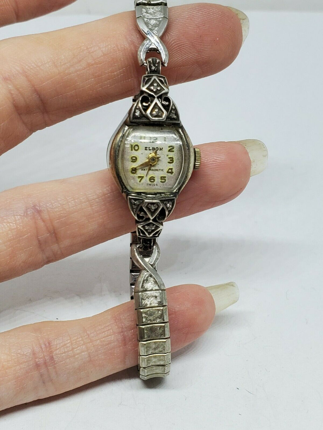 Vintage Swiss Elbon Woman's 10k White RGP Bezel Diamond Bracelet Style Watch...