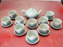 Vintage Korean Pottery Celadon Green Mint Dotted Teapot, Cups & Saucers