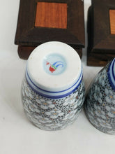 Vintage Japanese Cherry Blossom Mountain & River Scene Blue Cups With Stands