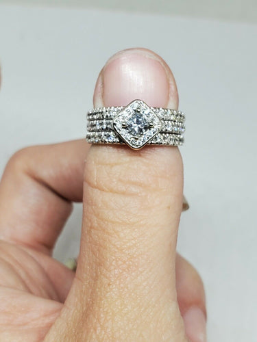 14k WG Shane & Co Princess Cut Diamond Halo Pavé Triple Band Engagement Ring 5.5