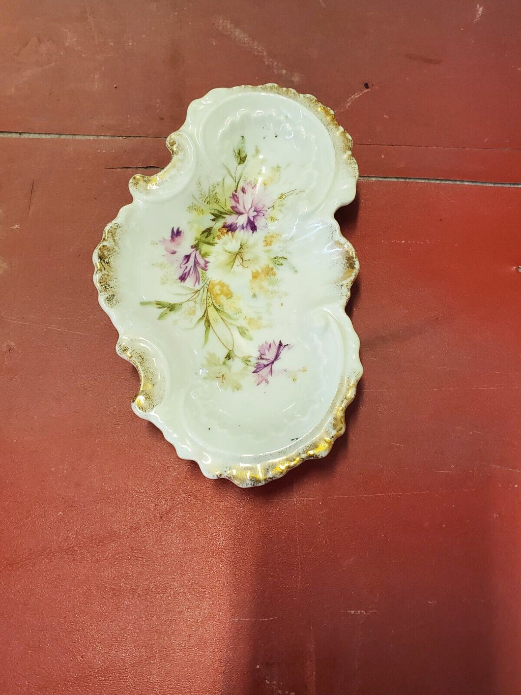 Antique Hand Painted Flowers White Bone Dish Gold Trim Scalloped Edges