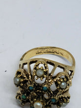 Vintage Uncas 18kt HGE Faux Pearl And Turquoise Ladies Cocktail Ring Size 8