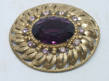Vintage Large Gold Tone Leaf Purple Rhinestone Oval Brooch