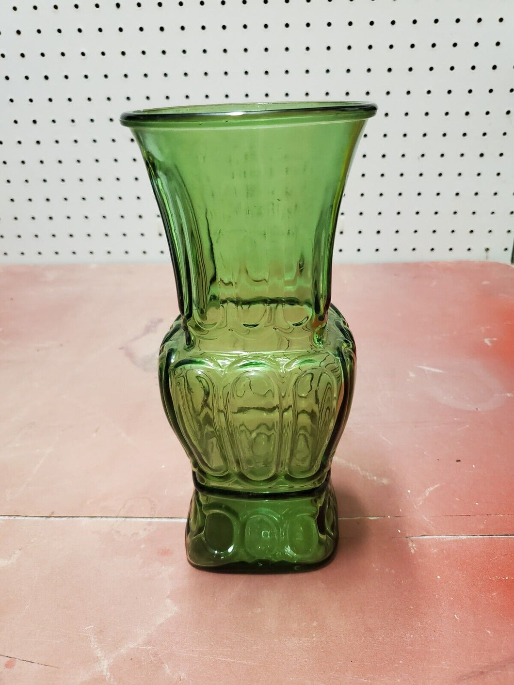 Vintage Green Glass Oval Coin Dot Vase 9 3/8