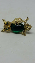 Vintage Gerry's Goldtone Jelly Belly Green Glass Owl Brooch/Pin Green Eyes