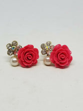 Pink Resin Rose Flower Rhinestone and Pearl Goldtone Stud Earrings