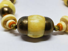 Very Unique Vintage Large Natural Bovine Bone Chunky Brass Beaded Necklace