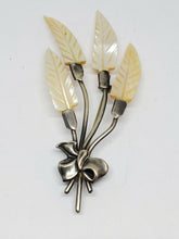 Large Vintage Sterling Silver Mother Of Pearl Leaf Bouquet Bow Brooch