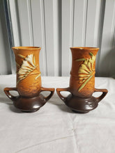 Vintage Roseville Freesia Brown And Orange Pair Of Flower Vases